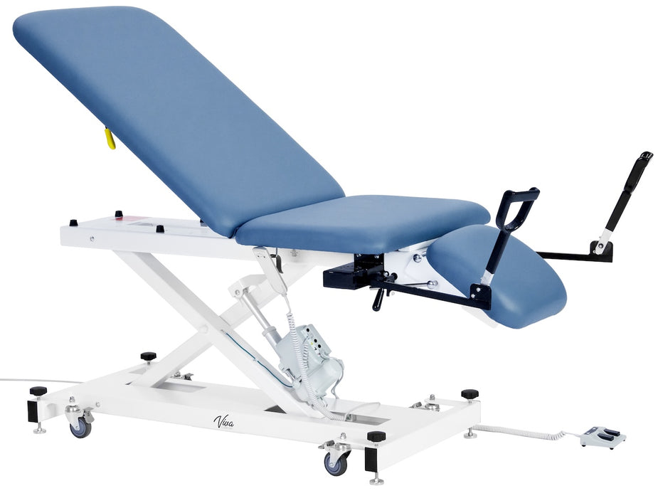 XRO Power Hi-Lo Exam Table. Open Base w/ Adjustable Back, Stirrups, Leg-Rest Drop Section, Casters & Antimicrobial Upholstery