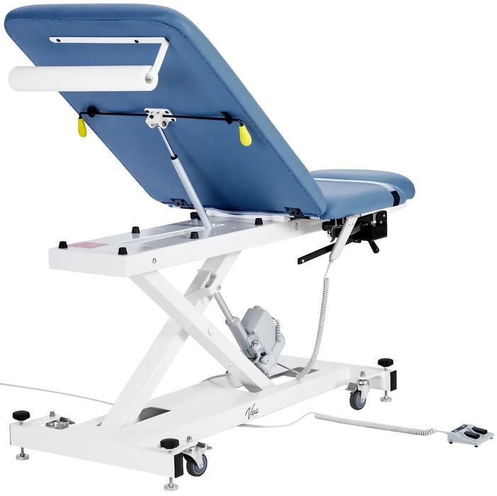 XRO Power Hi-Lo Exam Table. Open Base w/ 3-Section Top & Stirrups (Adjustable Back, Leg-Rest Drop Section, Casters & Antimicrobial Upholstery)