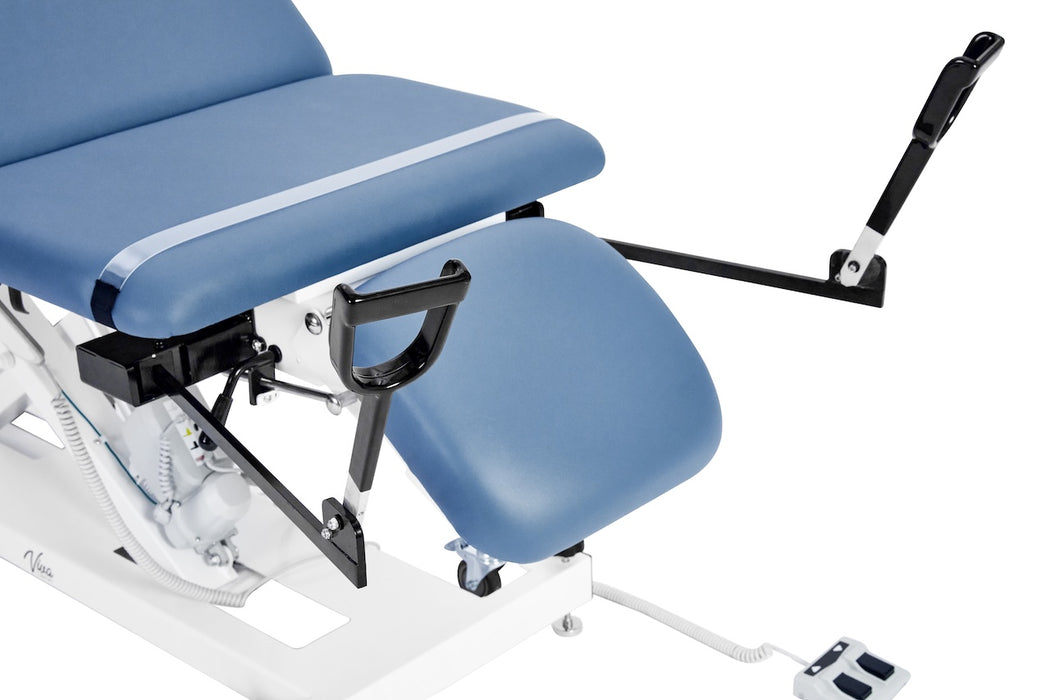 XRO Power Hi-Lo Exam Table. Open Base w/ 3-Section Top & Stirrups (Adjustable Back, Leg-Rest Drop Section, Casters & Antimicrobial Upholstery)