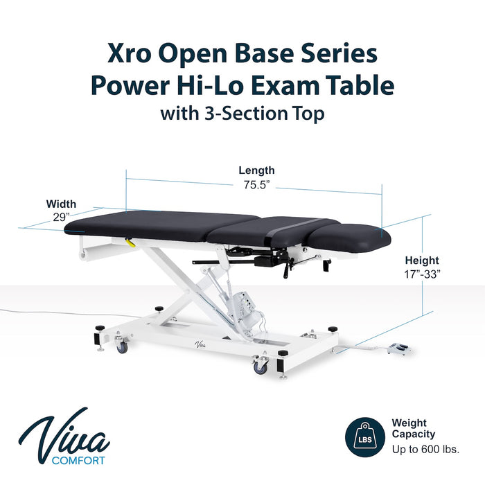 XRO Power Hi-Lo Exam Table. Open Base w/ 3-Section Top & Stirrups (Adjustable Back, Leg-Rest Drop Section, Casters & Antimicrobial Upholstery)