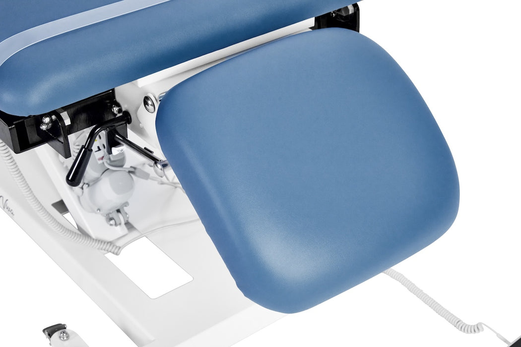 XRO Power Hi-Lo Exam Table. Open Base w/ 3-Section Top & Stirrups (Adjustable Back, Leg-Rest Drop Section, Casters & Antimicrobial Upholstery)