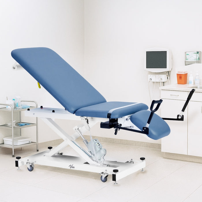 XRO Power Hi-Lo Exam Table. Open Base w/ 3-Section Top & Stirrups (Adjustable Back, Leg-Rest Drop Section, Casters & Antimicrobial Upholstery)