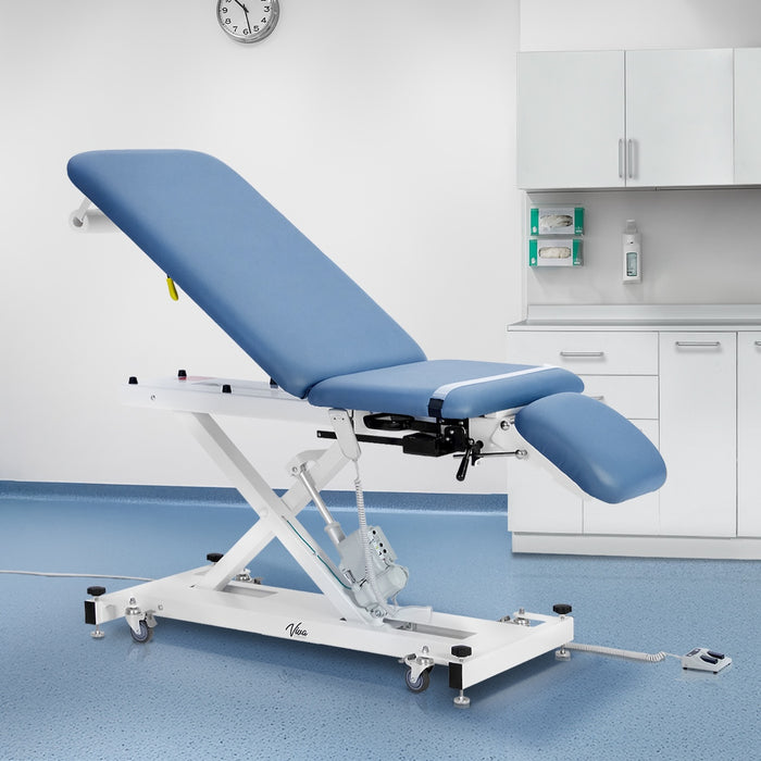 XRO Power Hi-Lo Exam Table. Open Base w/ 3-Section Top & Stirrups (Adjustable Back, Leg-Rest Drop Section, Casters & Antimicrobial Upholstery)