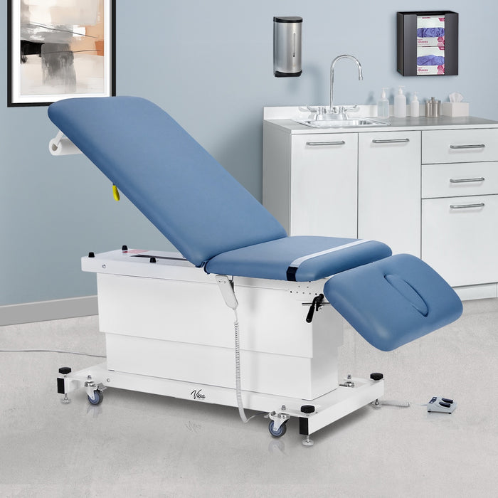 XRO Power Hi-Lo Exam Table w/ Adjustable Back, Shrouded Base, Drop / Headrest Section, Antimicrobial Upholstery & Casters