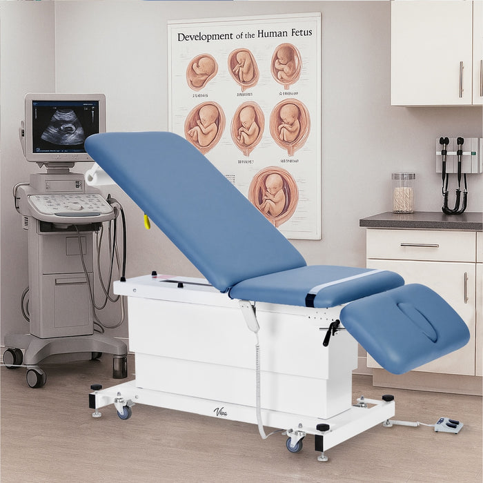 XRO Power Hi-Lo Exam Table w/ Adjustable Back, Shrouded Base, Drop / Headrest Section, Antimicrobial Upholstery & Casters