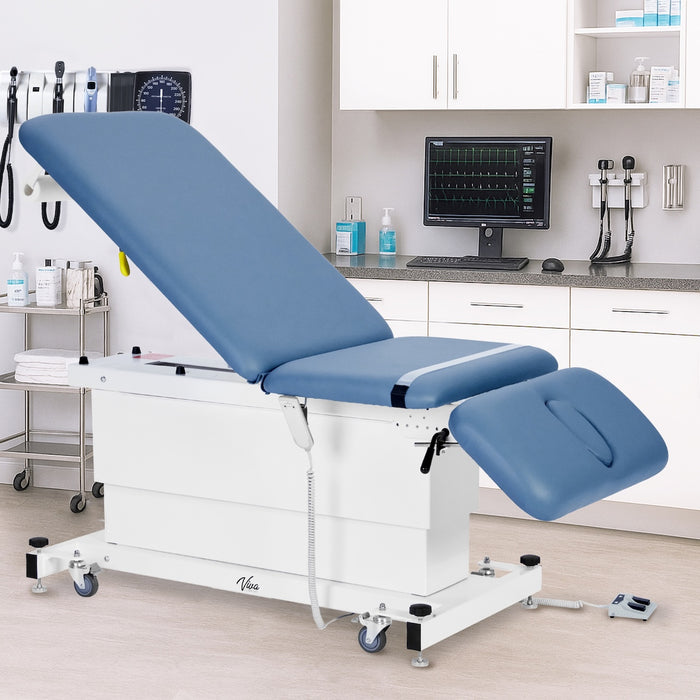 XRO Power Hi-Lo Exam Table w/ Adjustable Back, Shrouded Base, Drop / Headrest Section, Antimicrobial Upholstery & Casters