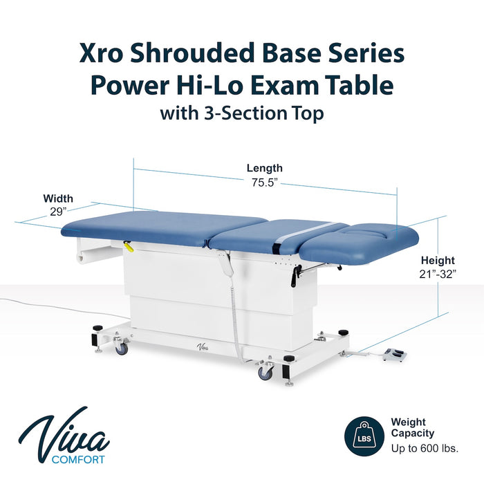 XRO Power Hi-Lo Exam Table. Shrouded Base w/ 3-Section Top (Adjustable Back, Drop / Headrest Section & Antimicrobial Upholstery)