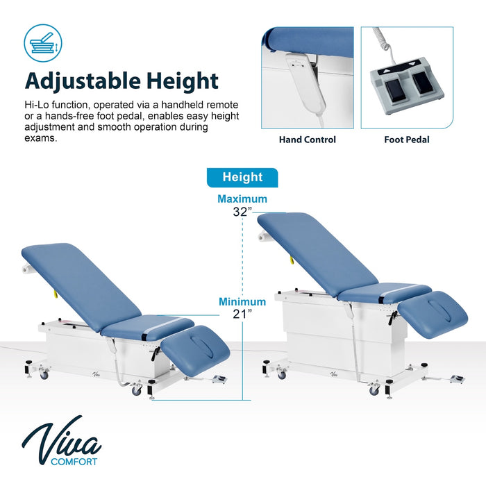 XRO Power Hi-Lo Exam Table w/ Adjustable Back, Shrouded Base, Drop / Headrest Section, Antimicrobial Upholstery & Casters