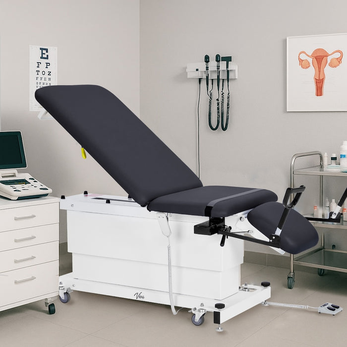 XRO Power Hi-Lo Exam Table. Shrouded Base w/ 3-Section Top & Stirrups (Adjustable Back, Leg-Rest Drop Section & Antimicrobial Upholstery)