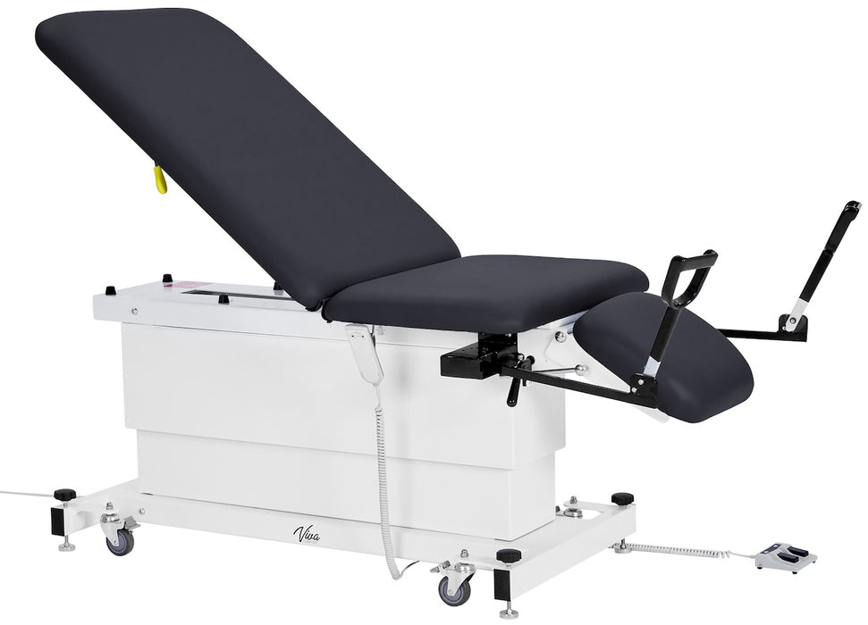 XRO Power Hi-Lo Exam Table w/ Adjustable Back, Drop Section, Shrouded Base, Stirrups, Casters & Antimicrobial Upholstery [Black]