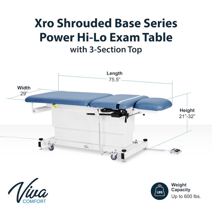 XRO Power Hi-Lo Exam Table. Shrouded Base w/ 3-Section Top & Stirrups (Adjustable Back, Leg-Rest Drop Section & Antimicrobial Upholstery)