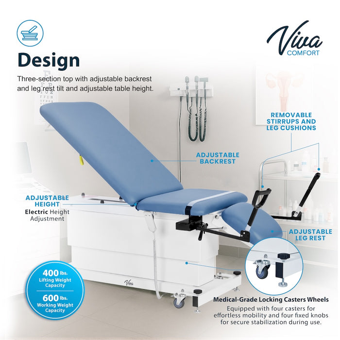 XRO Power Hi-Lo Exam Table. Shrouded Base w/ 3-Section Top & Stirrups (Adjustable Back, Leg-Rest Drop Section & Antimicrobial Upholstery)