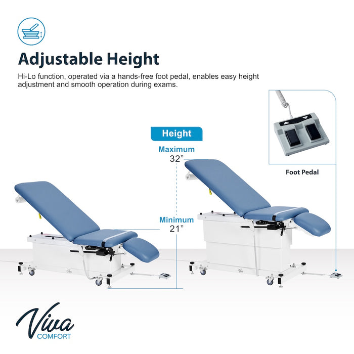 XRO Power Hi-Lo Exam Table. Shrouded Base w/ 3-Section Top & Stirrups (Adjustable Back, Leg-Rest Drop Section & Antimicrobial Upholstery)
