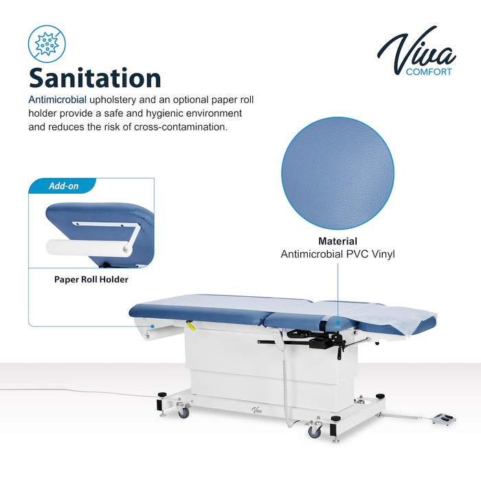 XRO Power Hi-Lo Exam Table. Shrouded Base w/ 3-Section Top & Stirrups (Adjustable Back, Leg-Rest Drop Section & Antimicrobial Upholstery)