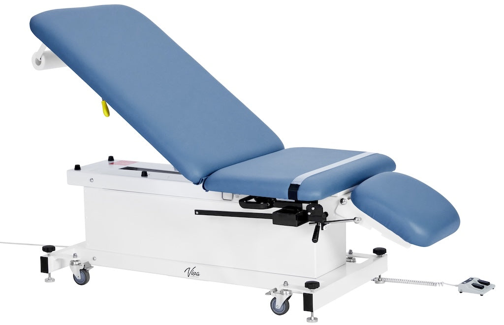 XRO Power Hi-Lo Exam Table. Shrouded Base w/ 3-Section Top & Stirrups (Adjustable Back, Leg-Rest Drop Section & Antimicrobial Upholstery)