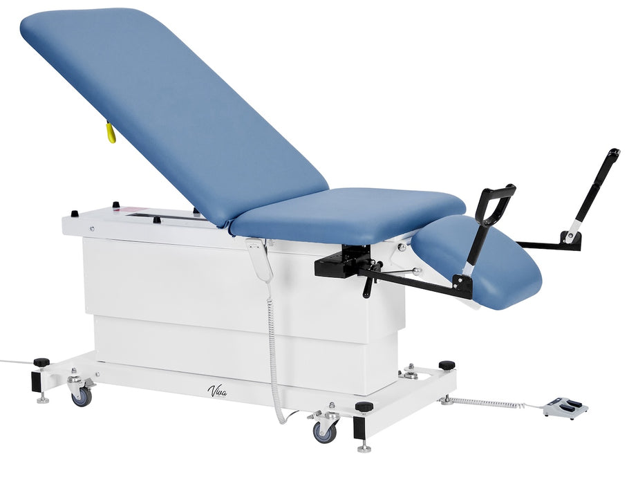 XRO Power Hi-Lo Exam Table w/ Adjustable Back, Drop Section, Shrouded Base, Stirrups, Casters & Antimicrobial Upholstery