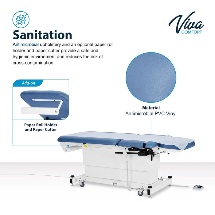 XRO Power Hi-Lo Exam Table w/ Adjustable Back, Drop Section, Shrouded Base, Stirrups, Casters & Antimicrobial Upholstery