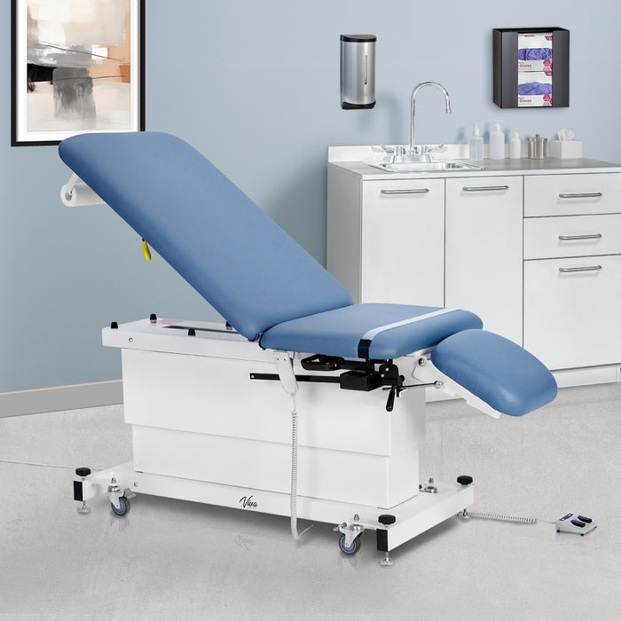 XRO Power Hi-Lo Exam Table w/ Adjustable Back, Drop Section, Shrouded Base, Stirrups, Casters & Antimicrobial Upholstery