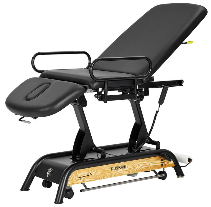 Atlas Power Hi-Lo Treatment Table, Open Base w/ Adjustable Back, Drop Section, Casters & Antimicrobial Upholstery