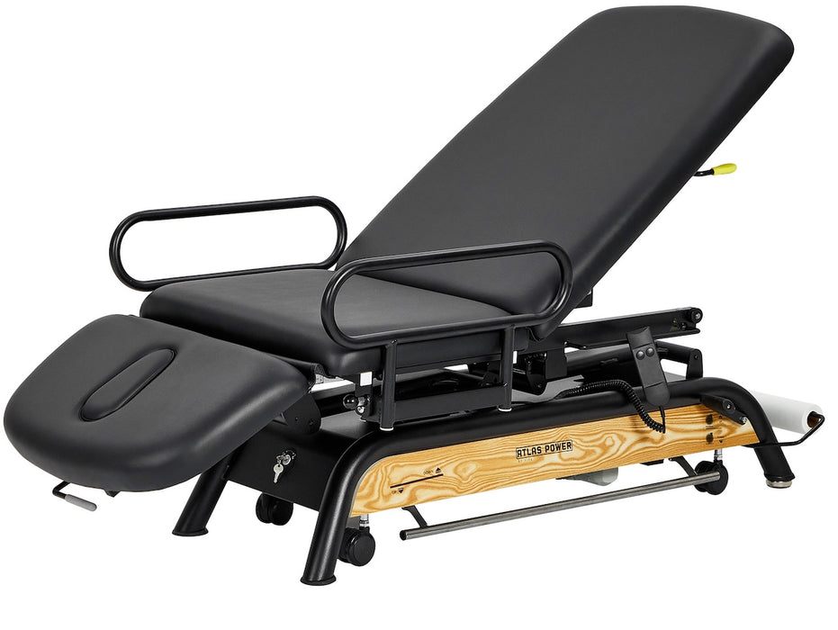 Atlas Power Hi-Lo Treatment Table, Open Base w/ Adjustable Back, Drop Section, Casters & Antimicrobial Upholstery