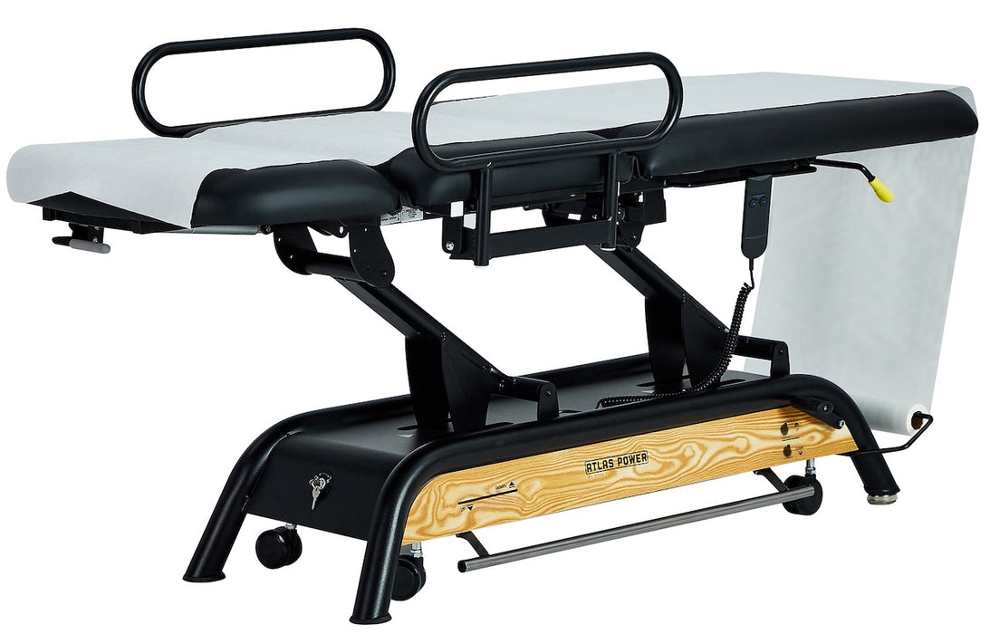 Atlas Power Hi-Lo Treatment Table, Open Base w/ Adjustable Back, Drop Section, Casters & Antimicrobial Upholstery