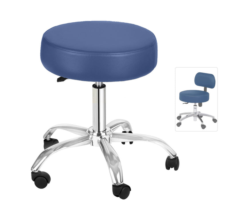 Pneumatic Height Adjustable Exam Stool w/ Backrest - Blue Upholstery