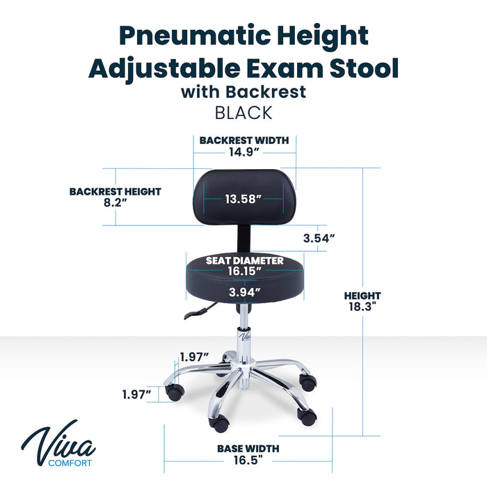 Pneumatic Height Adjustable Exam Stool w/ Backrest - Black Upholstery