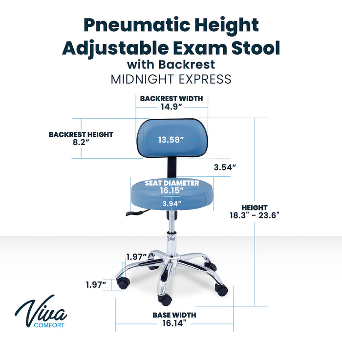 Pneumatic Height Adjustable Exam Stool w/ Backrest - Blue Upholstery