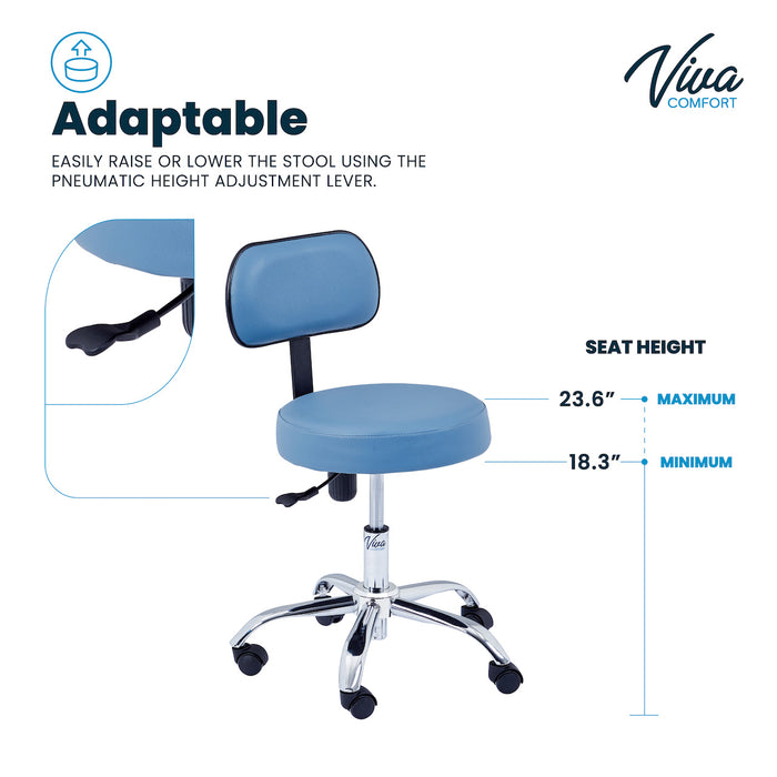 Pneumatic Height Adjustable Exam Stool w/ Backrest - Blue Upholstery