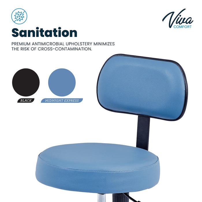 Pneumatic Height Adjustable Exam Stool w/ Backrest - Blue Upholstery