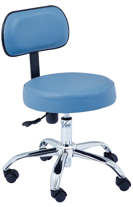 Pneumatic Height Adjustable Exam Stool w/ Backrest - Blue Upholstery