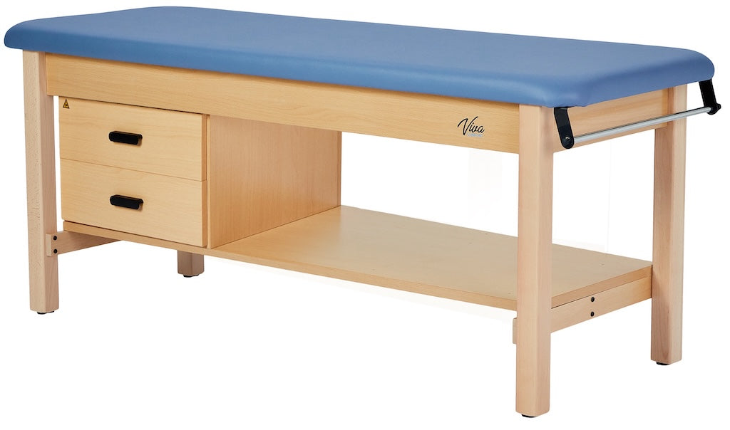 Aristo H-Brace Treatment Table. Flat Top w/ Shelf, Drawers & Antimicrobial Upholstery