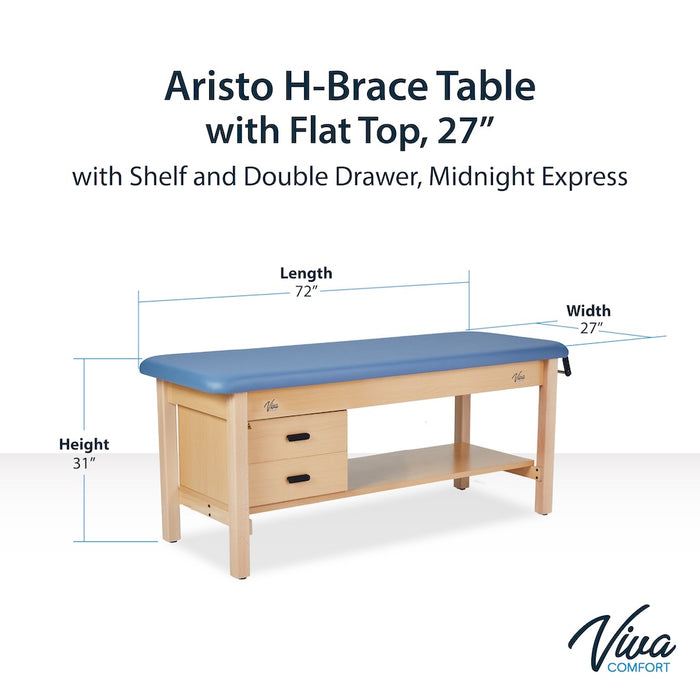 Aristo H-Brace Treatment Table. Flat Top w/ Shelf, Drawers & Antimicrobial Upholstery