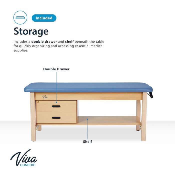 Aristo H-Brace Treatment Table. Flat Top w/ Shelf, Drawers & Antimicrobial Upholstery
