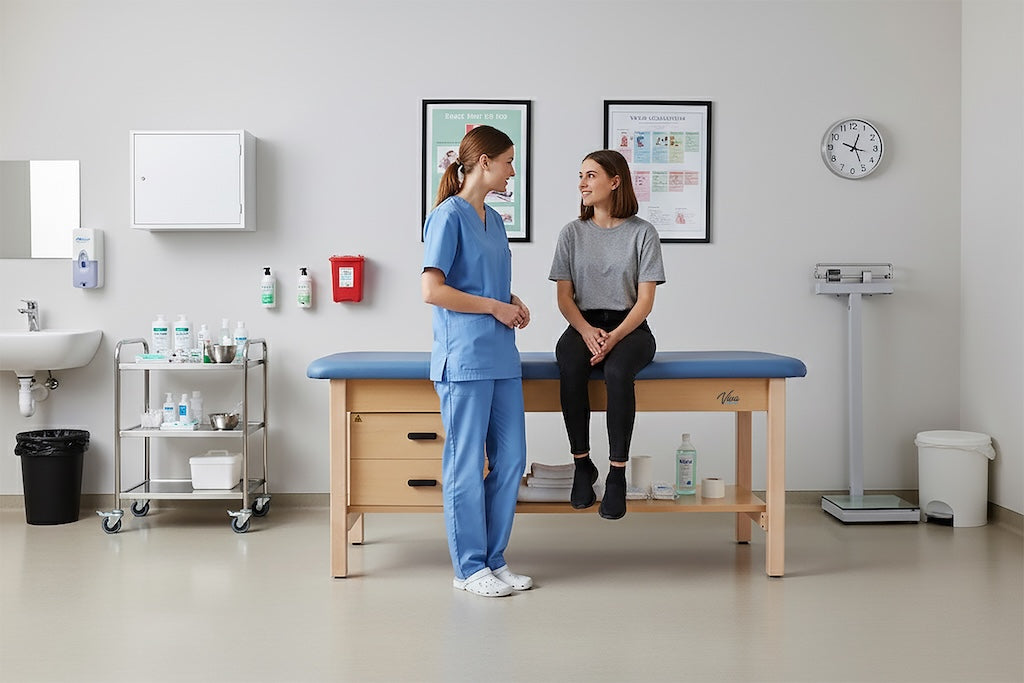 Aristo H-Brace Treatment Table. Flat Top w/ Shelf, Drawers & Antimicrobial Upholstery