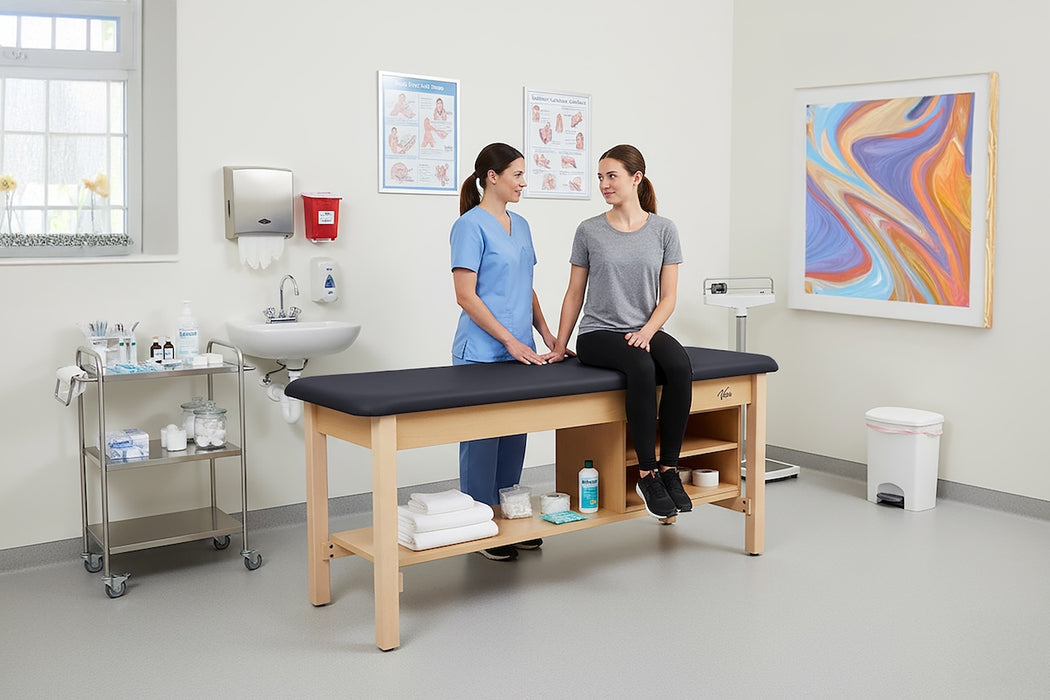 Aristo H-Brace Treatment Table. Flat Top w/ Shelves & Antimicrobial Upholstery