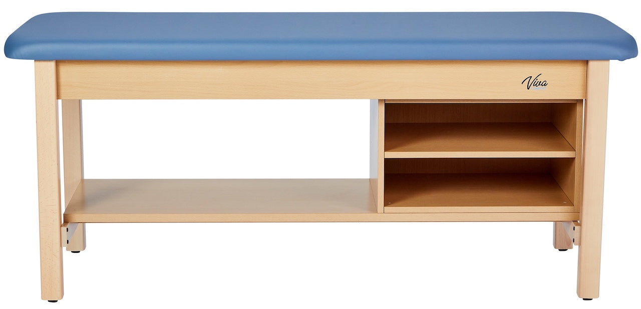 Aristo H-Brace Treatment Table. Flat Top w/ Shelves [Blue Antimicrobial Upholstery]