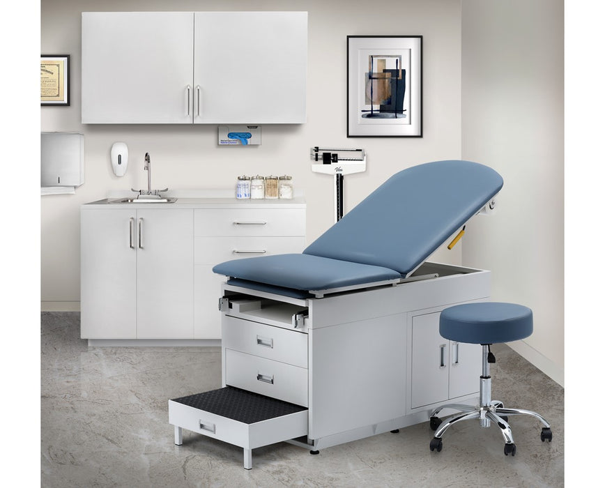 Grande Exam Table w/ Steel Cabinet, Adjustable Back, Step Stool, Stirrups & Antimicrobial Upholstery