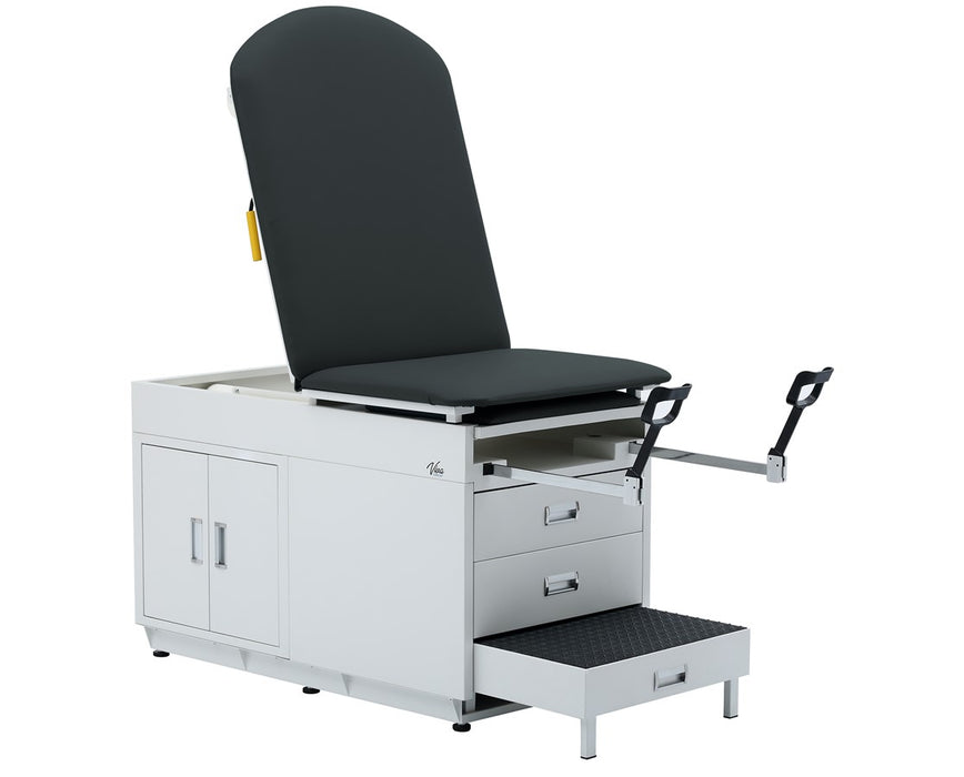 Grande Exam Table w/ Steel Cabinet, Adjustable Back, Step Stool & Stirrups [Standard. Black Antimicrobial Upholstery]