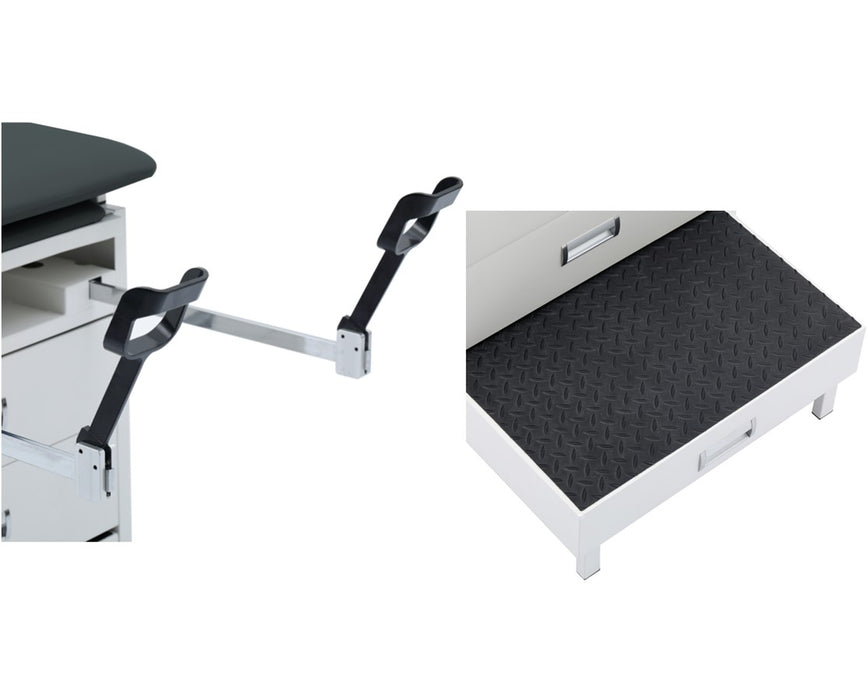 Grande Exam Table w/ Steel Cabinet, Adjustable Back, Step Stool & Stirrups [Standard. Black Antimicrobial Upholstery]