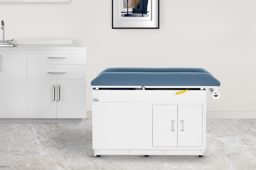 Pediatric Grande Cabinet Exam Table. Steel Base w/ Step Stool, Pull Out Leg-Rest, 2 Drawers & 2 Doors