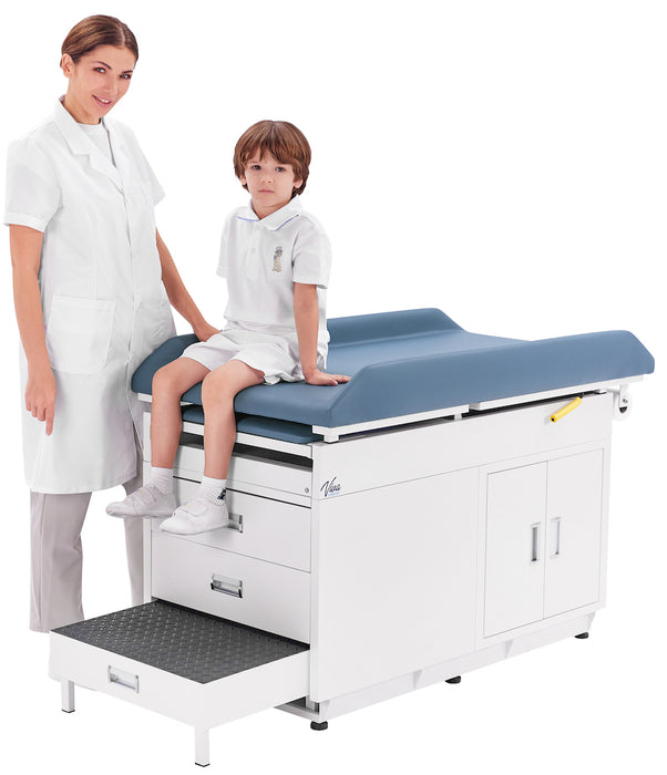 Pediatric Grande Cabinet Exam Table. Steel Base w/ Step Stool, Pull Out Leg-Rest, 2 Drawers & 2 Doors