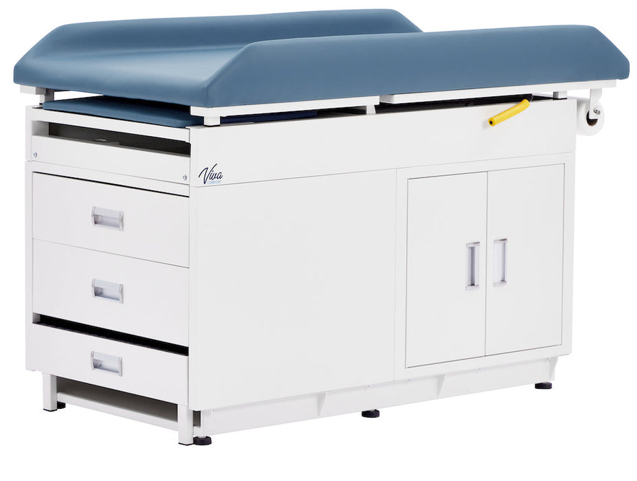 Pediatric Grande Cabinet Exam Table. Steel Base w/ Step Stool, Pull Out Leg-Rest, 2 Drawers & 2 Doors [Blue upholstery]