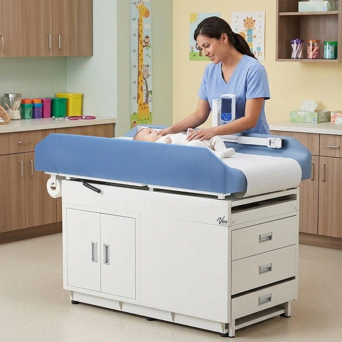 Grande Pediatric Cabinet Treatment Scale Table w/ 2 Doors & 2 Drawers. Antimicrobial Upholstery