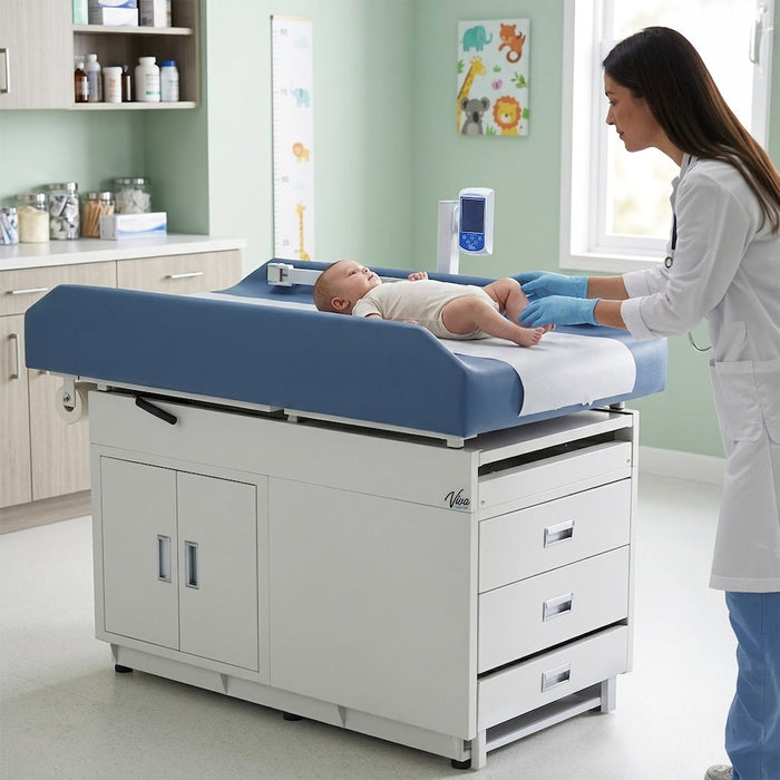 Grande Pediatric Cabinet Treatment Scale Table w/ 2 Doors & 2 Drawers. Antimicrobial Upholstery