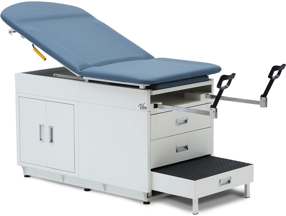 Grande Exam Table w/ Steel Cabinet, Adjustable Back, Step Stool & Stirrups [Contoured. Blue Antimicrobial Upholstery]