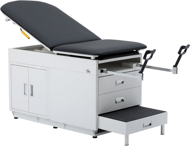 Grande Exam Table w/ Steel Cabinet, Adjustable Back, Pull-out Leg Rest & Step Stool [Stirrups & Antimicrobial Upholstery Options]
