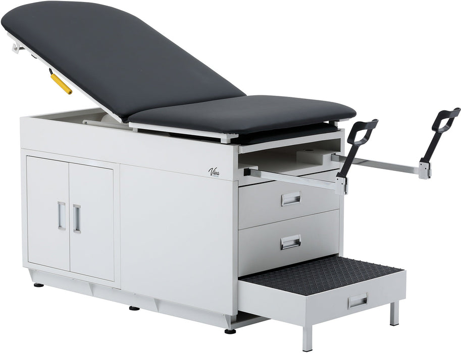 Grande Exam Table w/ Steel Cabinet, Adjustable Back, Step Stool & Stirrups [Standard. Black Antimicrobial Upholstery]