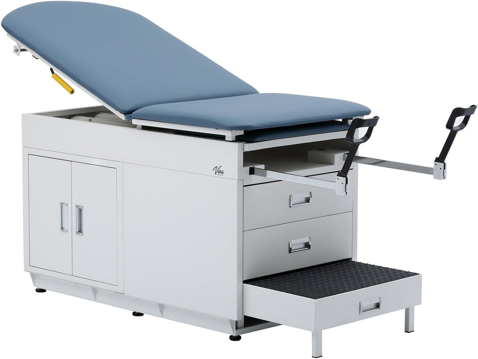 Grande Exam Table w/ Steel Cabinet, Adjustable Back, Step Stool & Stirrups [Standard. Blue Antimicrobial Upholstery]