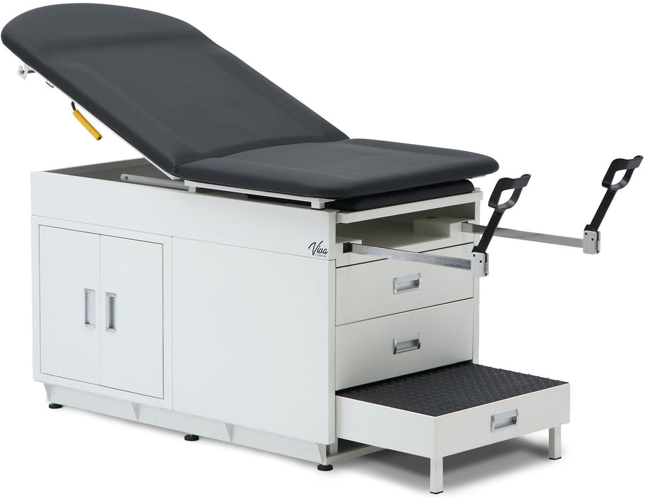 Grande Exam Table w/ Steel Cabinet, Adjustable Back, Step Stool & Stirrups [Contoured. Black Antimicrobial Upholstery]